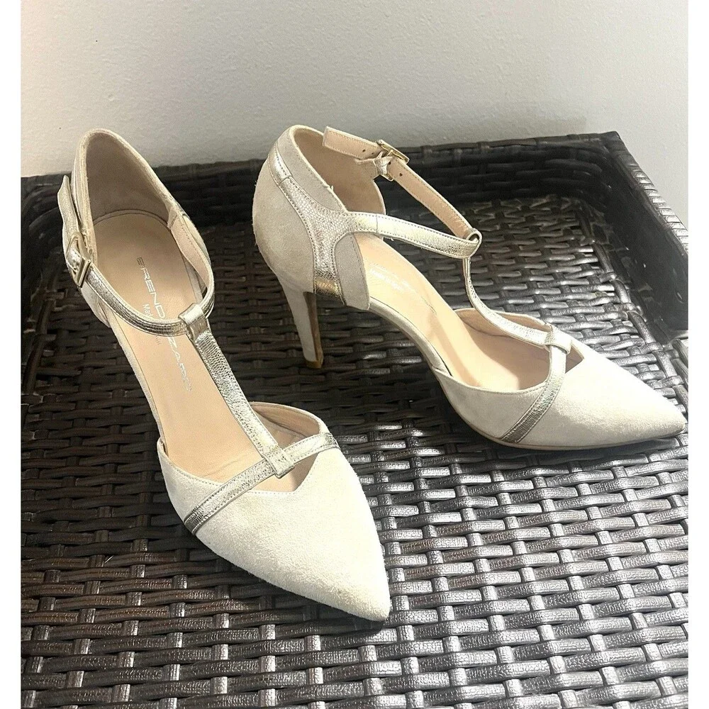 Brenda Zaro Spain Suede Tan & Gold T-Strap Pointed Toe Pumps Heels 37  6.5 Shoe